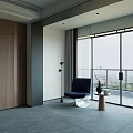 Modern Lounge Chair In Minimalist Interior With Large Windows Wooden Wall And Gray Floor