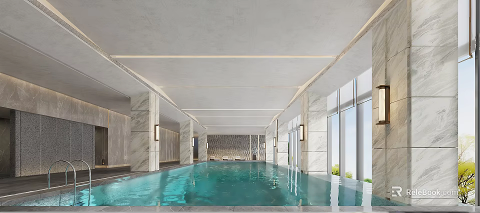 Spacious Modern Indoor Swimming Pool With Large Windows Marble Walls And Blue Water 3d model 