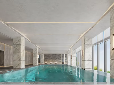 Spacious Modern Indoor Swimming Pool With Large Windows Marble Walls And Blue Water 3d model