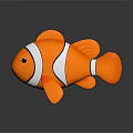 Clownfish with orange body and white stripes in cartoon style on dark background with reflection