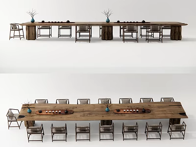 Long Natural Wood Tea Table and Chairs with Decorative Vases and Seating 3d model