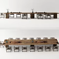 Long Natural Wood Tea Table and Chairs with Decorative Vases and Seating