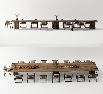 Long Natural Wood Tea Table and Chairs with Decorative Vases and Seating 3d model