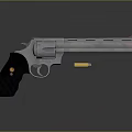 Shiny Metallic Revolver With Black Grip Orange Marker And Yellow Bullet On Dark Background