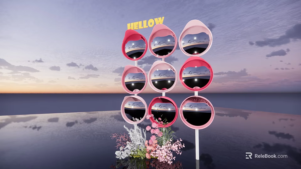 Yellow Hello Lettering With Circular Pink Framed Mirrors Flowers And Sunset Reflection 3d model 