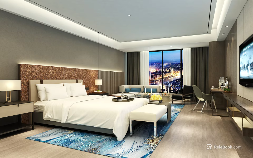 Elegant Hotel Room With King Bed White Bedding Brown Headboard And City Night View 3d model 