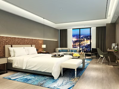 Elegant Hotel Room With King Bed White Bedding Brown Headboard And City Night View 3d model