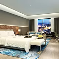 Elegant Hotel Room With King Bed White Bedding Brown Headboard And City Night View