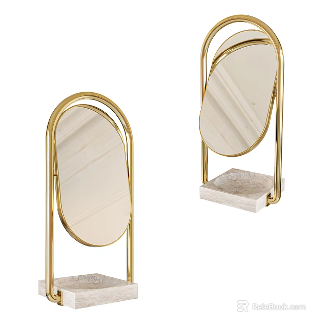 Set Of Two Elegant Oval Mirrors With Gold Frame And Marble Base 3d model 