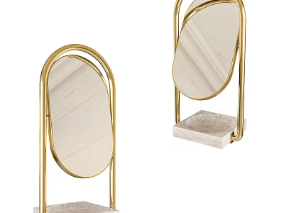 Set Of Two Elegant Oval Mirrors With Gold Frame And Marble Base 3d model