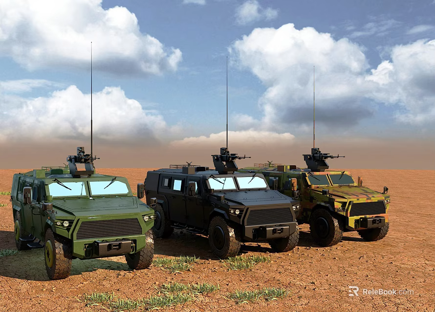 Three Green Black Yellow Military Tanks Parked on Desert Terrain With Blue Sky Clouds 3d model 