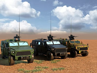 Three Green Black Yellow Military Tanks Parked on Desert Terrain With Blue Sky Clouds 3d model