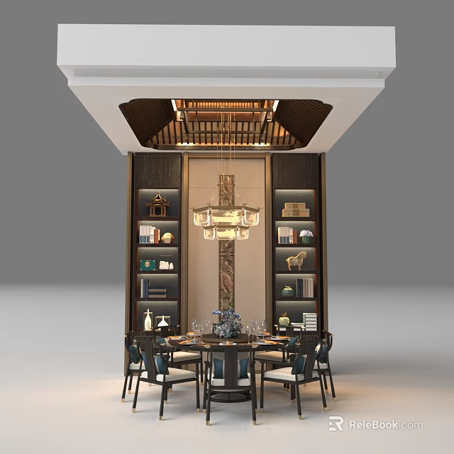 Chinese Style Dining Table Set With Chairs Chandelier And Wooden Bookshelves 3d model 