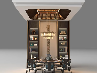 Chinese Style Dining Table Set With Chairs Chandelier And Wooden Bookshelves 3d model