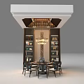 Chinese Style Dining Table Set With Chairs Chandelier And Wooden Bookshelves
