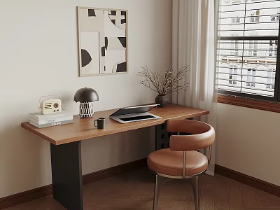 Modern Wooden Desk With Geometric Painting Lamp Laptop Radio Books Brown Chair And Window 3d model