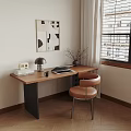 Modern Wooden Desk With Geometric Painting Lamp Laptop Radio Books Brown Chair And Window