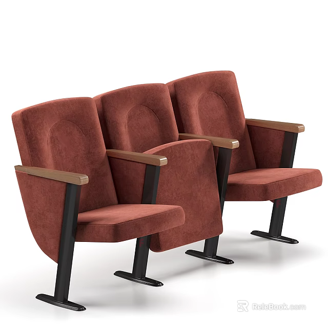 Three Red Public Chairs With Wooden Armrests And Black Frames 3d model
