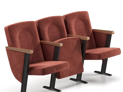Three Red Public Chairs With Wooden Armrests And Black Frames 3d model