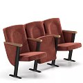 Three Red Public Chairs With Wooden Armrests And Black Frames 3d model