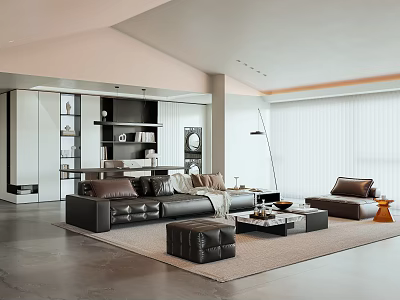 Modern Living Room Interior With Black Leather Sofa Coffee Table Floor Lamp And Wall Shelves 3d model