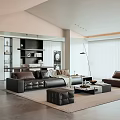 Modern Living Room Interior With Black Leather Sofa Coffee Table Floor Lamp And Wall Shelves
