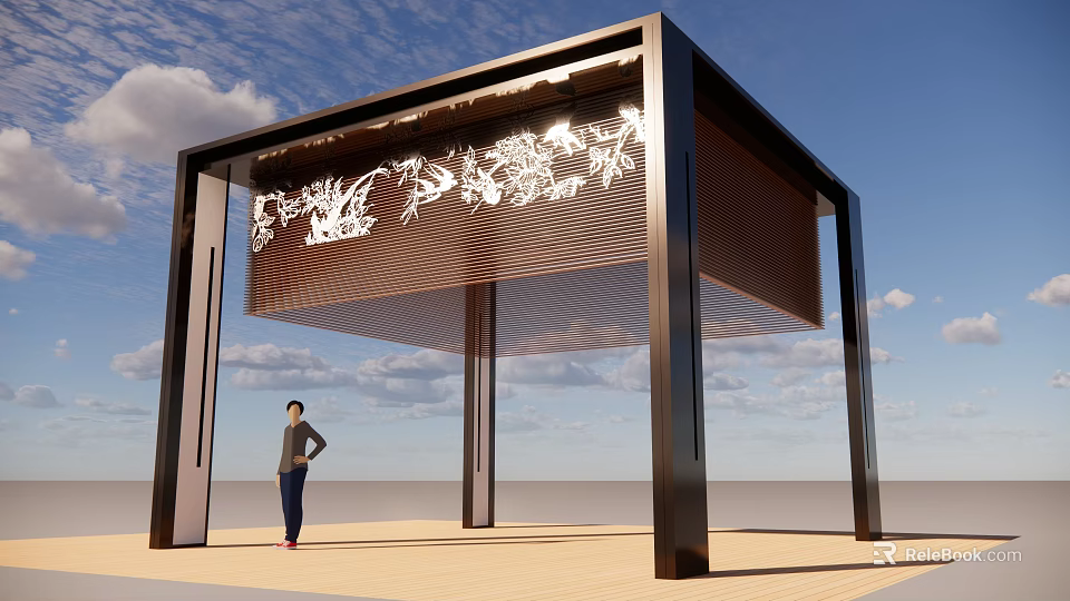 Modern Outdoor Pergola Design With Metal Frame And Carved Roof Patterns 3d model 