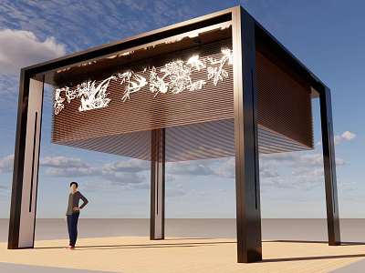 Modern Outdoor Pergola Design With Metal Frame And Carved Roof Patterns 3d model