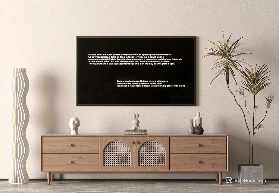 Stylish Wooden TV Stand With Drawers Rattan Doors And Decorative Figurines Plus Potted Plant 3d model 