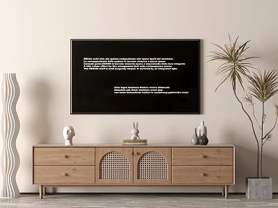 Stylish Wooden TV Stand With Drawers Rattan Doors And Decorative Figurines Plus Potted Plant 3d model