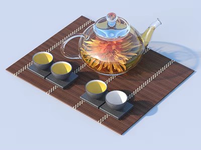 Transparent Glass Teapot With Chrysanthemum And Four Tea Cups On Bamboo Mat Set 3d model