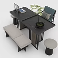 Elegant Modern Desk Interior Design With Comfortable Bench Stool And Green Plant 3d model
