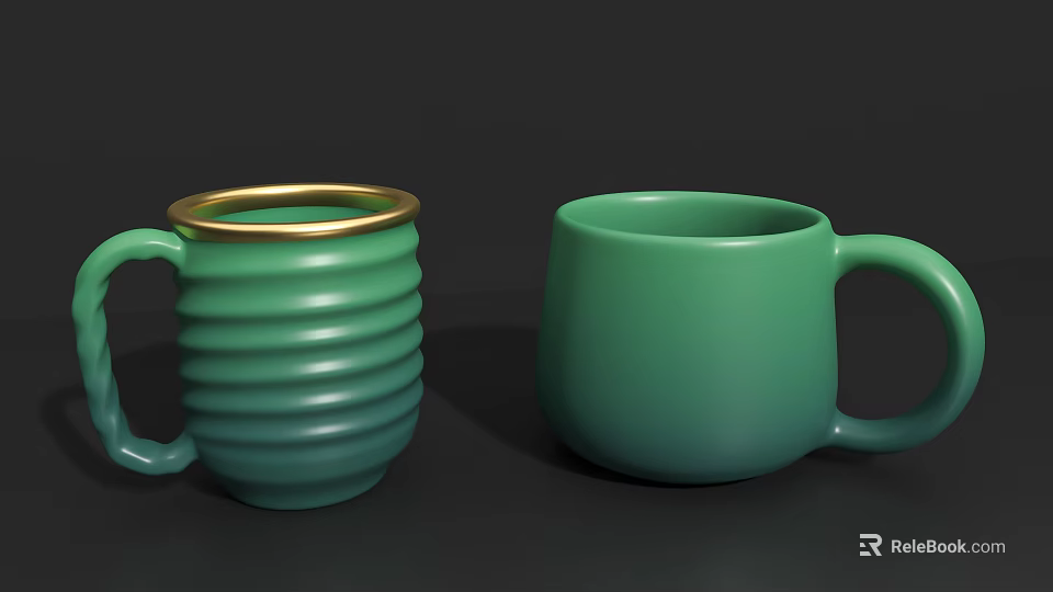 Two Green Mugs With Gold Rim Textured Design And Smooth Surface 3d model 