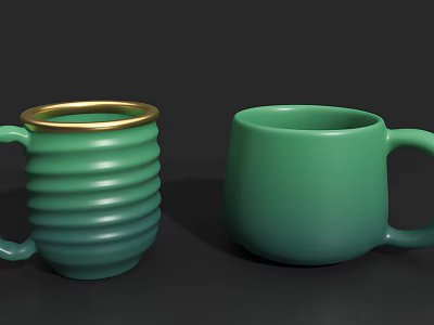 Two Green Mugs With Gold Rim Textured Design And Smooth Surface 3d model