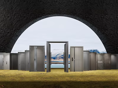 Multiple Gray Hinged Doors Arranged On Grassland Under Arched Structure With Mountain Lake View 3d model