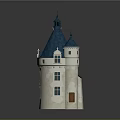 Cartoon Castle Scene with Blue Spire Roofs White Stone Walls and Wooden Door