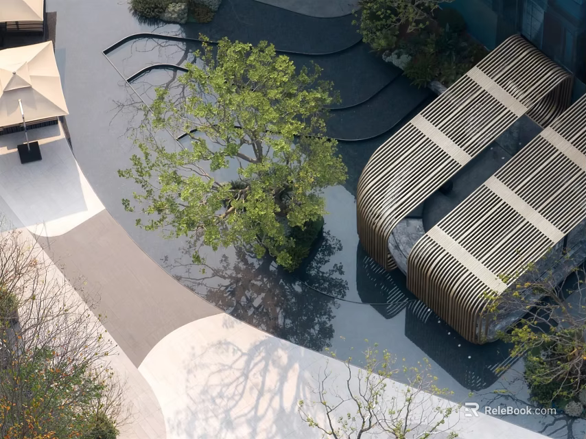 Modern Pergola Structure With Reflective Water Surface And Green Trees In Landscape Design 3d model 