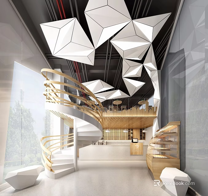 Modern Book Art Interior Design With Geometric Ceiling Wooden Staircase And Bookshelves 3d model 