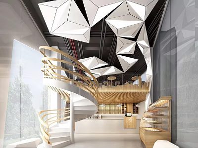 Modern Book Art Interior Design With Geometric Ceiling Wooden Staircase And Bookshelves 3d model