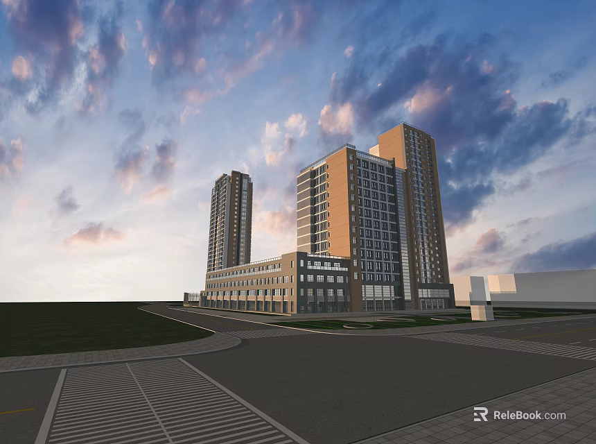 Modern Office Complex With Two Tall Buildings Lawn Road And Evening Clouds 3d model 