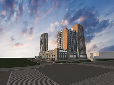 Modern Office Complex With Two Tall Buildings Lawn Road And Evening Clouds 3d model