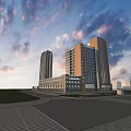 Modern Office Complex With Two Tall Buildings Lawn Road And Evening Clouds