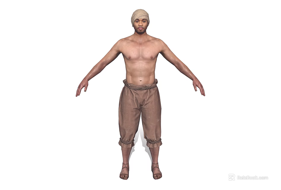 3D Male Character Model With Headscarf Brown Loose Pants Barefoot Standing With Arms Outstretched 3d model 