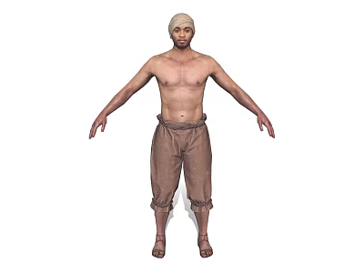 3D Male Character Model With Headscarf Brown Loose Pants Barefoot Standing With Arms Outstretched 3d model