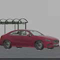 Red Modern Sedan Parked Near Bus Stop With Sleek Exterior And Yellow Seats