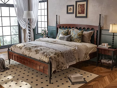 Double Bed With Wooden Frame Black Metal Accents Floral Bedding Nightstand And Window Curtains 3d model
