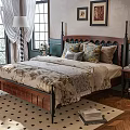 Double Bed With Wooden Frame Black Metal Accents Floral Bedding Nightstand And Window Curtains