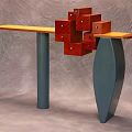 Contemporary Bar Counter With Wooden Top Geometric Storage Modules And Dark Blue Metal Supports