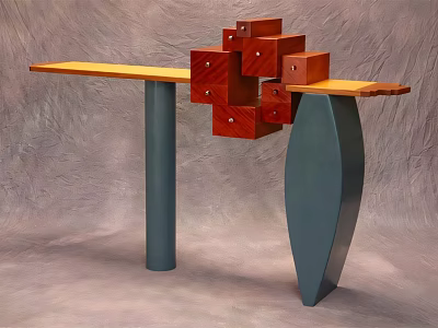 Contemporary Bar Counter With Wooden Top Geometric Storage Modules And Dark Blue Metal Supports 3d model
