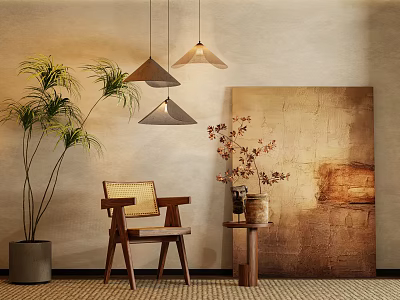 Single Wooden Chair With Woven Seat Potted Plants Abstract Wall Art And Hanging Pendant Lights 3d model